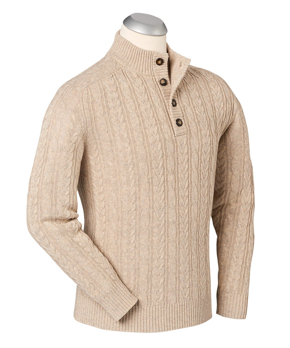 Performance Cotton-Wool Cable Button-Placket Sweater