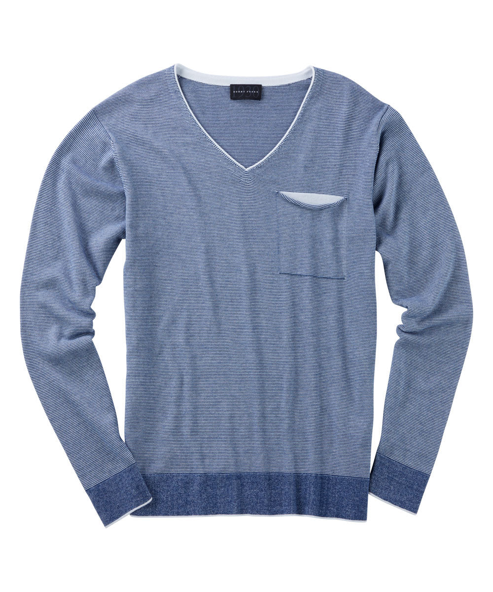 100% Pima Cotton V-Neck Pocket Pullover Sweater